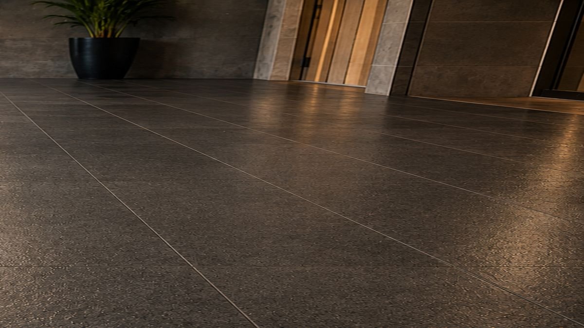 Treated tile surface retaining its original gloss and colour after anti-slip application