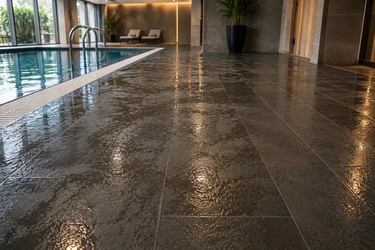 Wet slippery poolside tiles before anti-slip treatment in a luxury spa