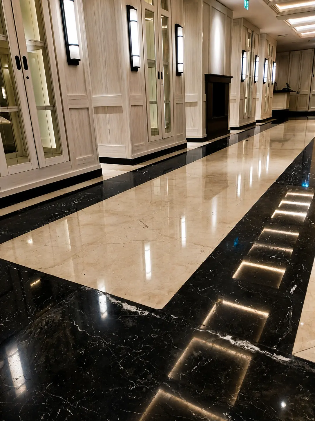 Black-and-cream marble corridor with a restored reflective finish