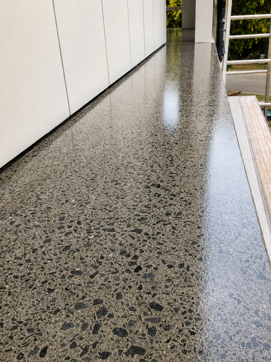 Polished concrete walkway with controlled fine aggregate exposure