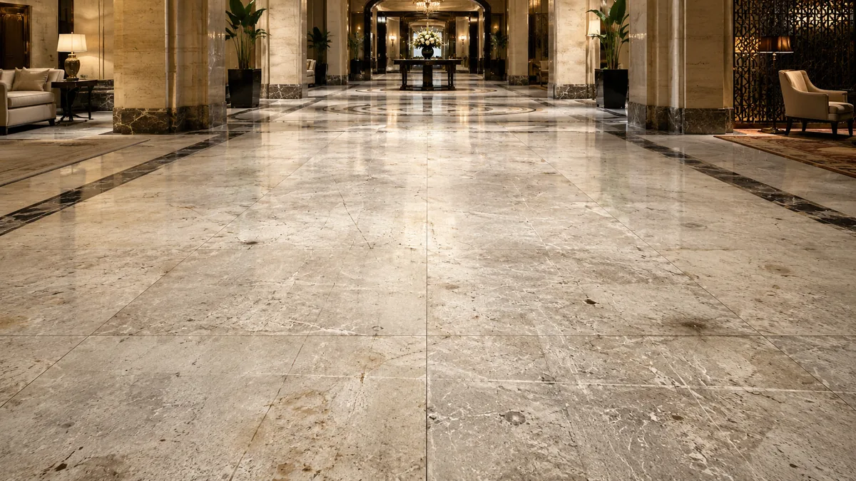 Worn and scratched marble floor before natural stone restoration in a luxury hotel lobby