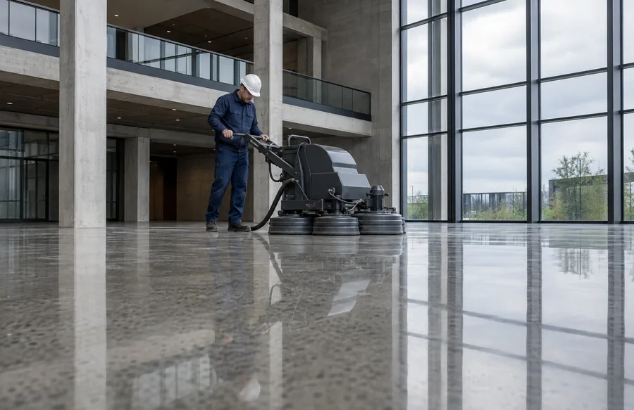Technician operating heavy-duty multi-head concrete grinding and polishing machinery