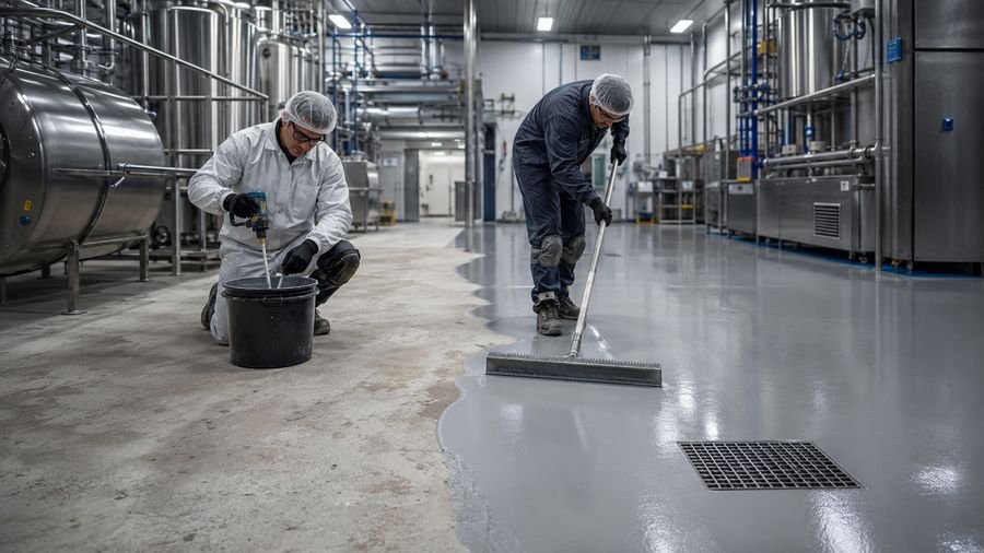 Technicians in protective clothing applying a seamless resin floor system in a controlled production environment