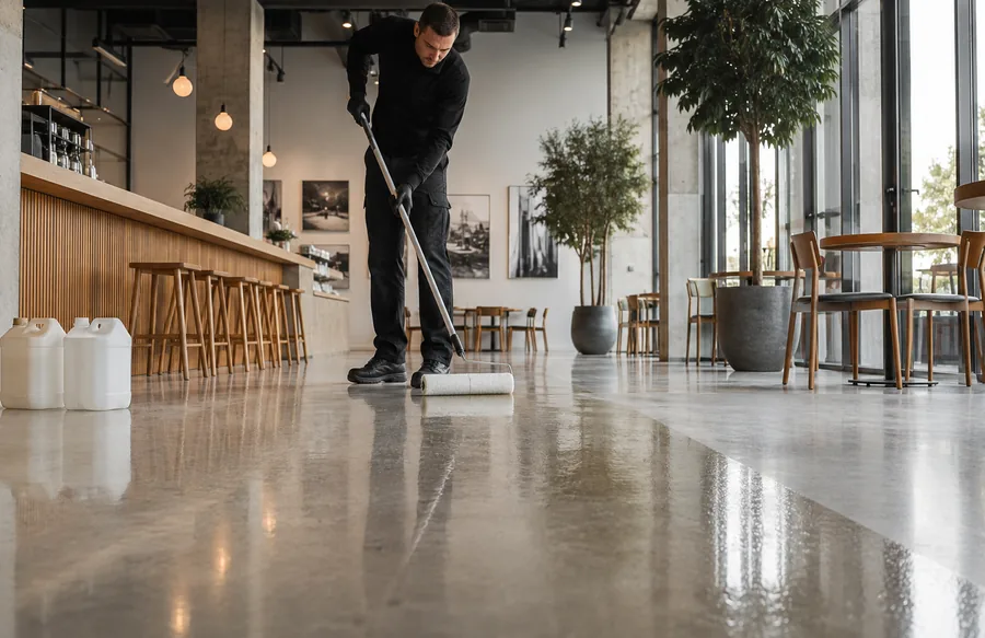 Technician applying an invisible anti-slip floor treatment in a commercial interior